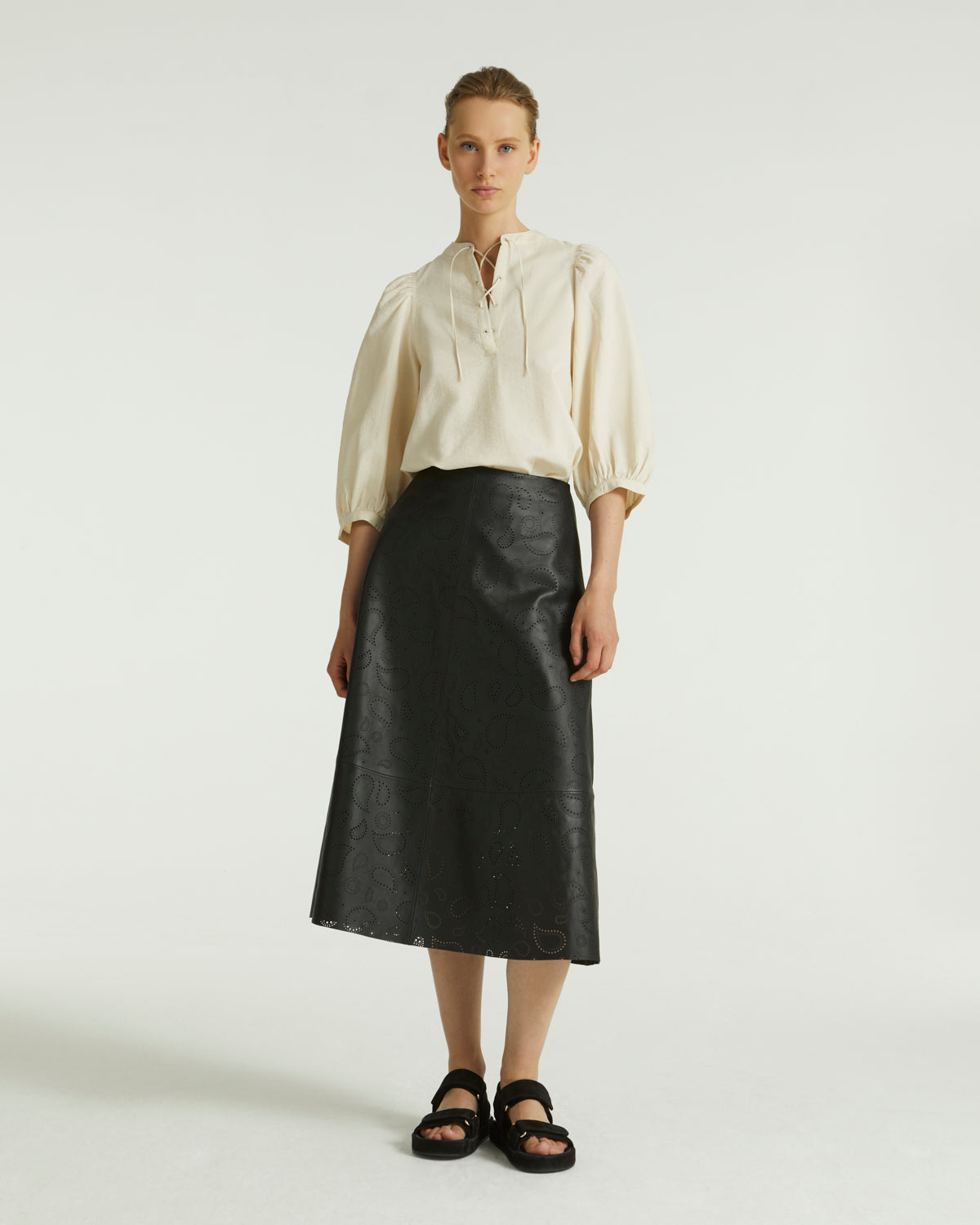 Perforated leather maxi skirt - black
