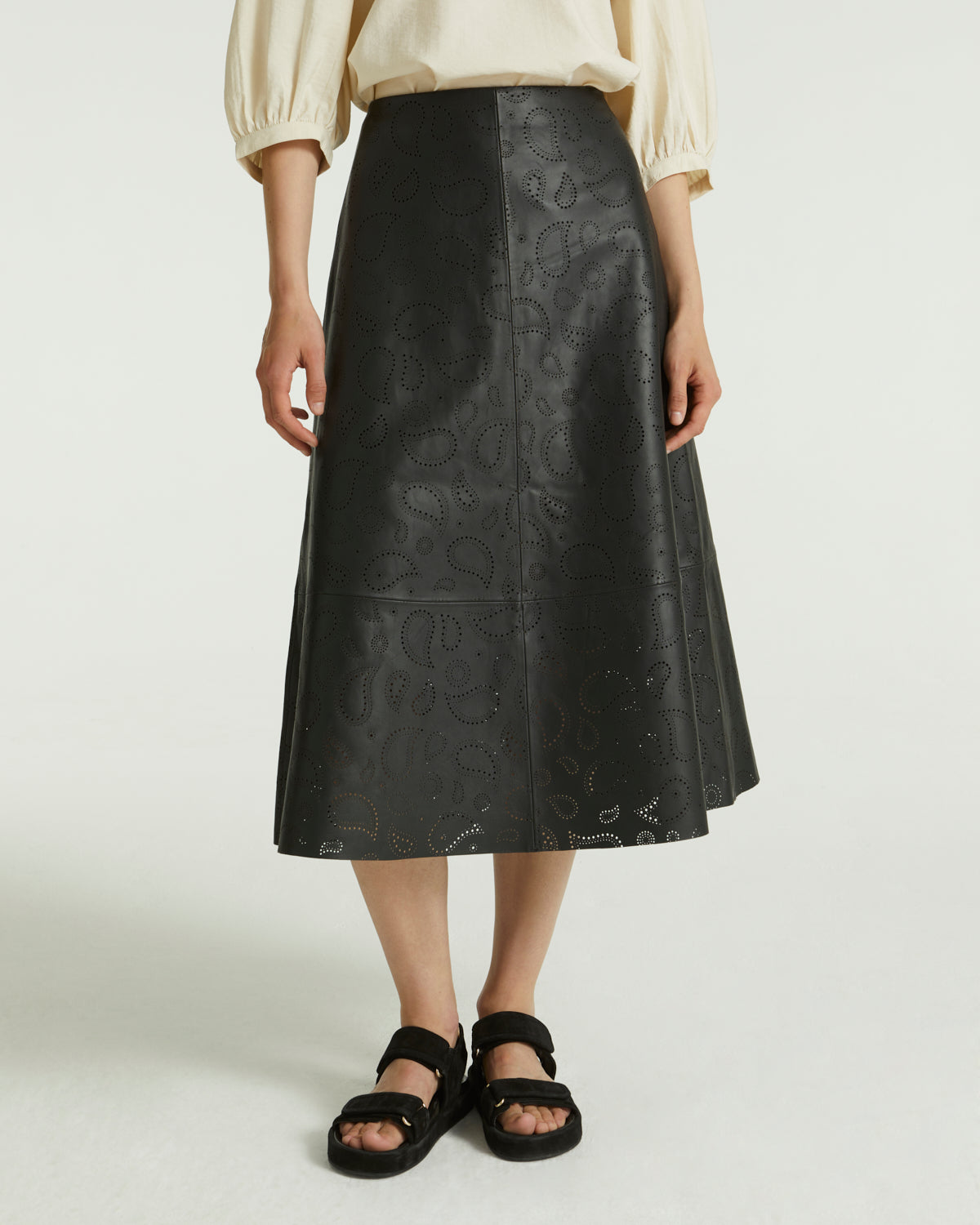 Perforated leather maxi skirt - black