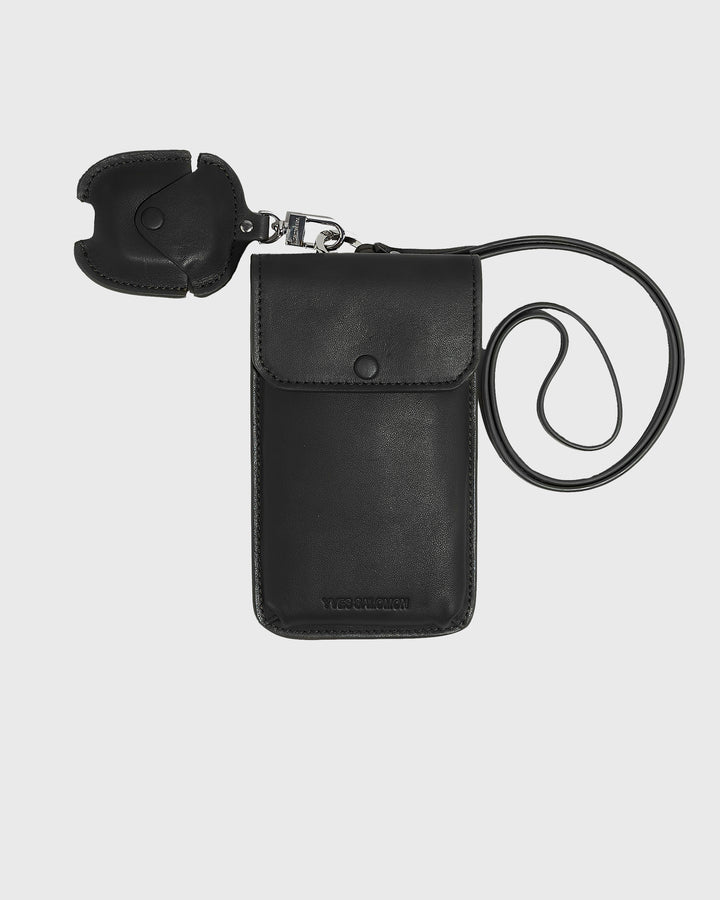Leather phone case with detachable airpods - black