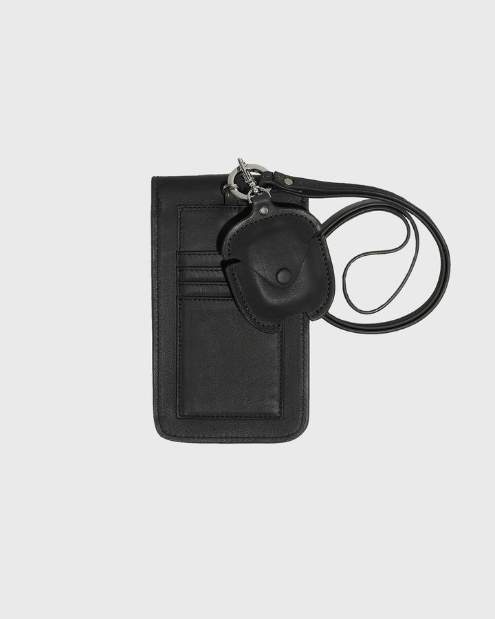 Leather phone case with detachable airpods - black