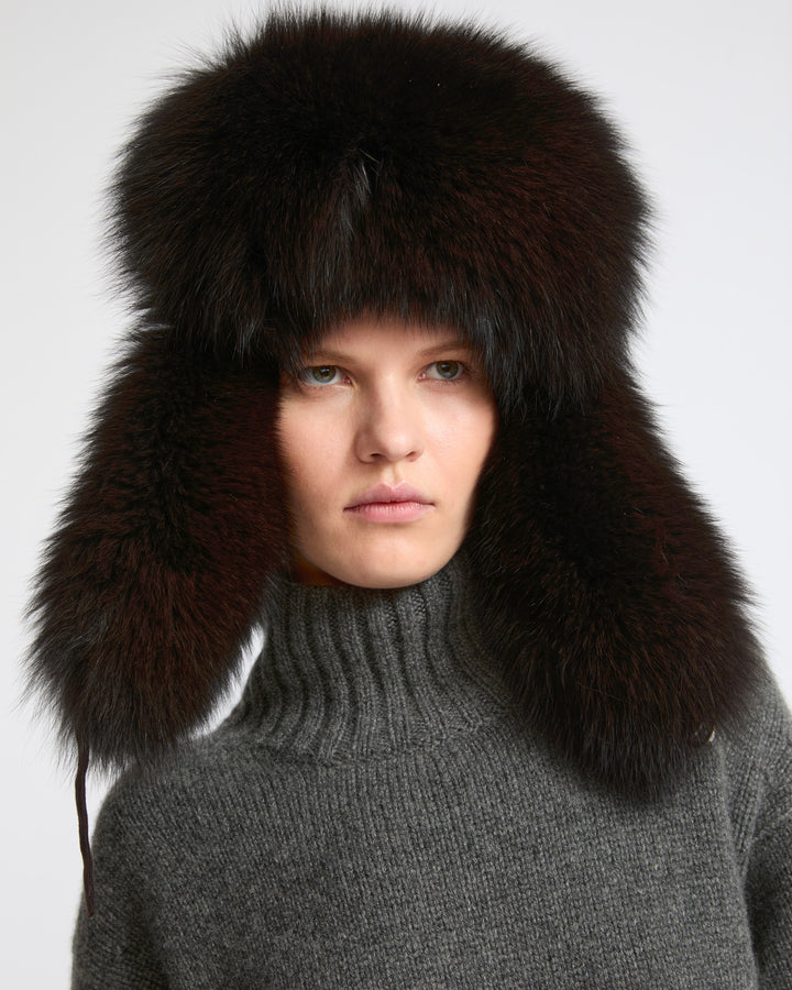 Chapka en flanelle Loro Piana et fourrure de renard- Yves Salomon - Nouvelle collection Automne Hiver