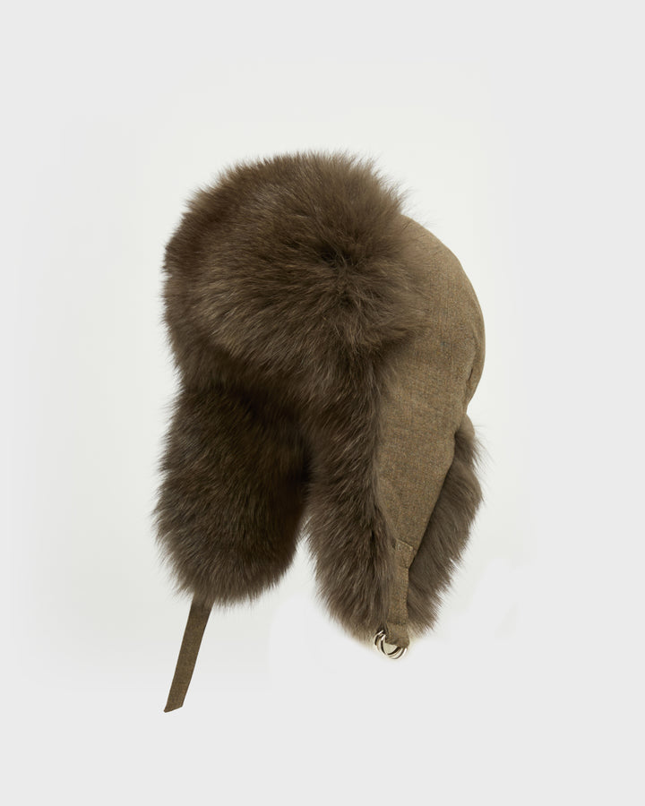 Chapka flanelle Loro Piana et renard marron - Yves Salomon - Nouvelle collection Automne Hiver