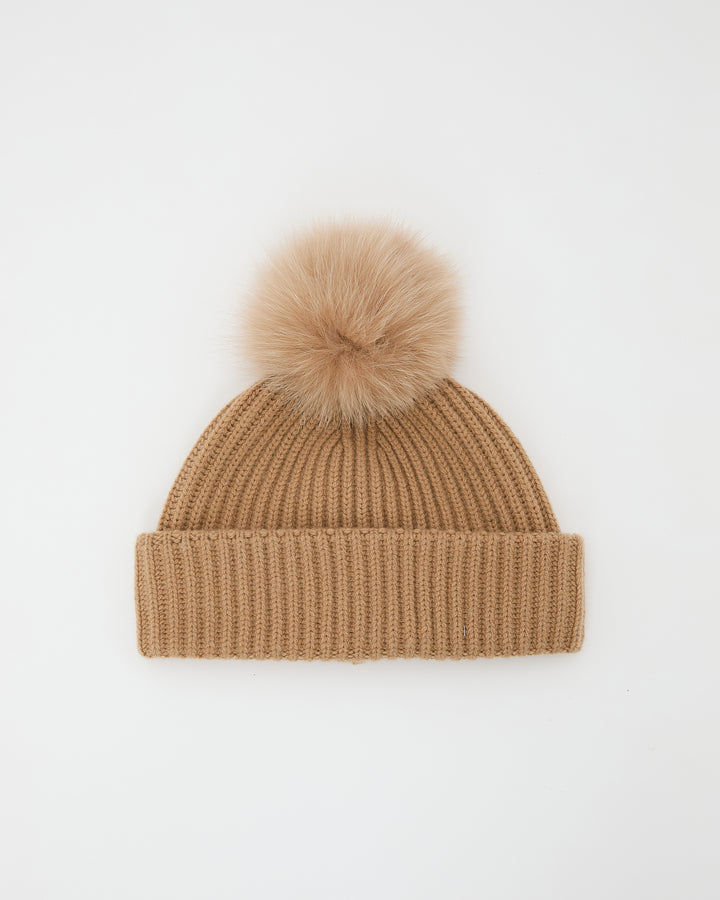 Bonnet en maille 100% cachemire et pompon en fourrure de renard -Yves Salomon