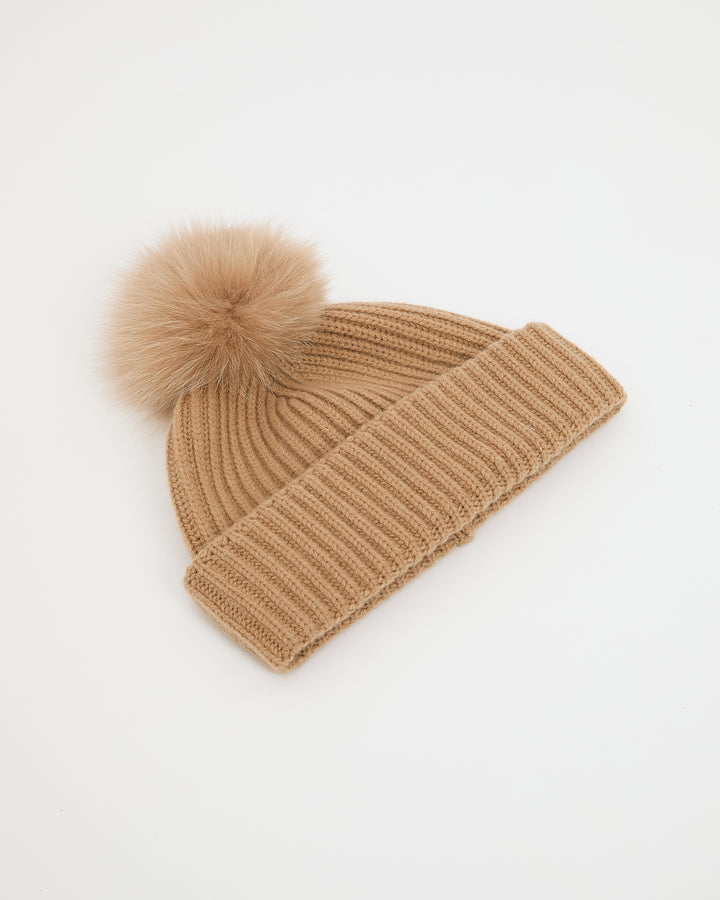 Bonnet en maille 100% cachemire et pompon en fourrure de renard -Yves Salomon