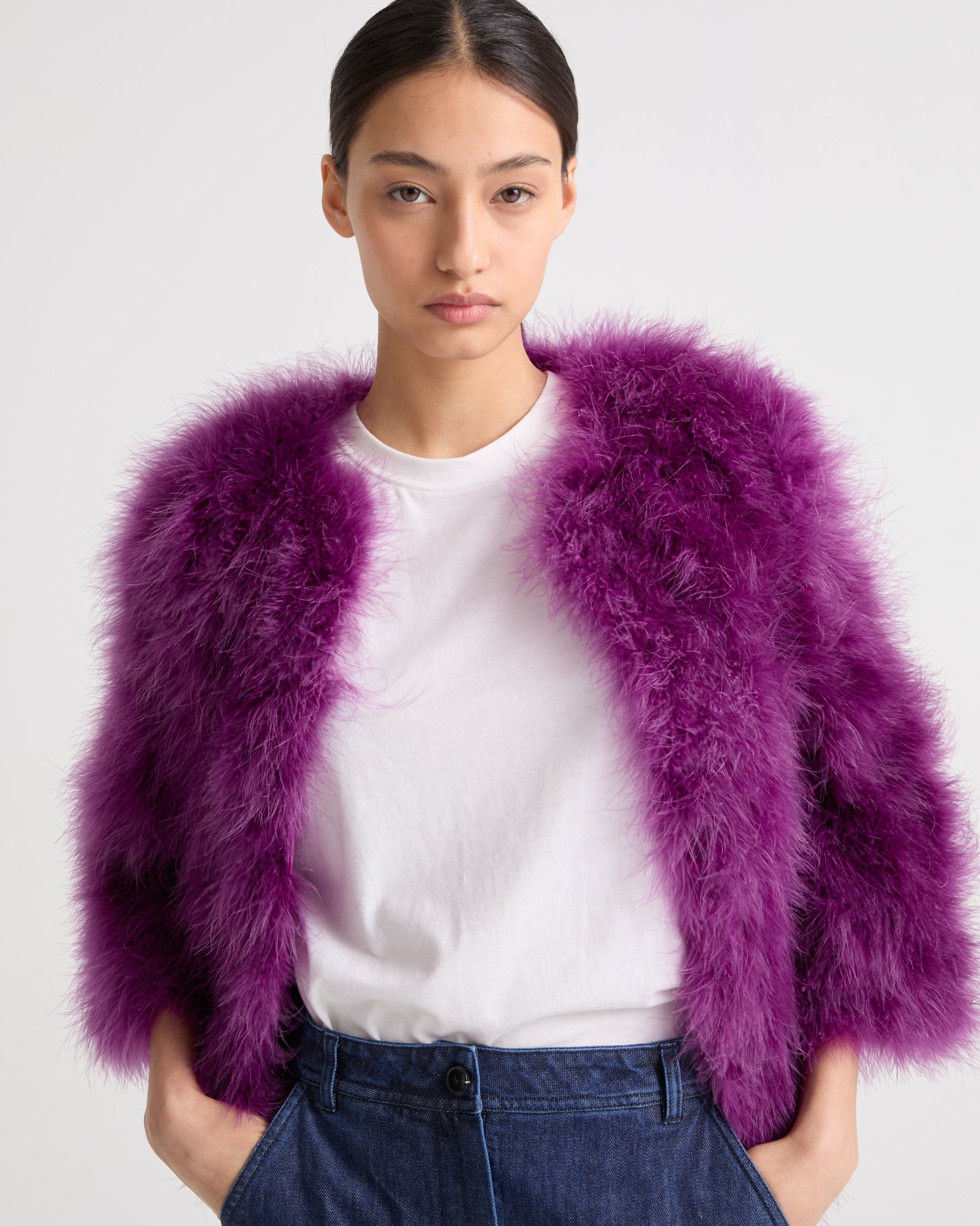 毛皮　ブラウン　Silver Blu 11号 Cropped feather jacket - Purple - Yves Salomon