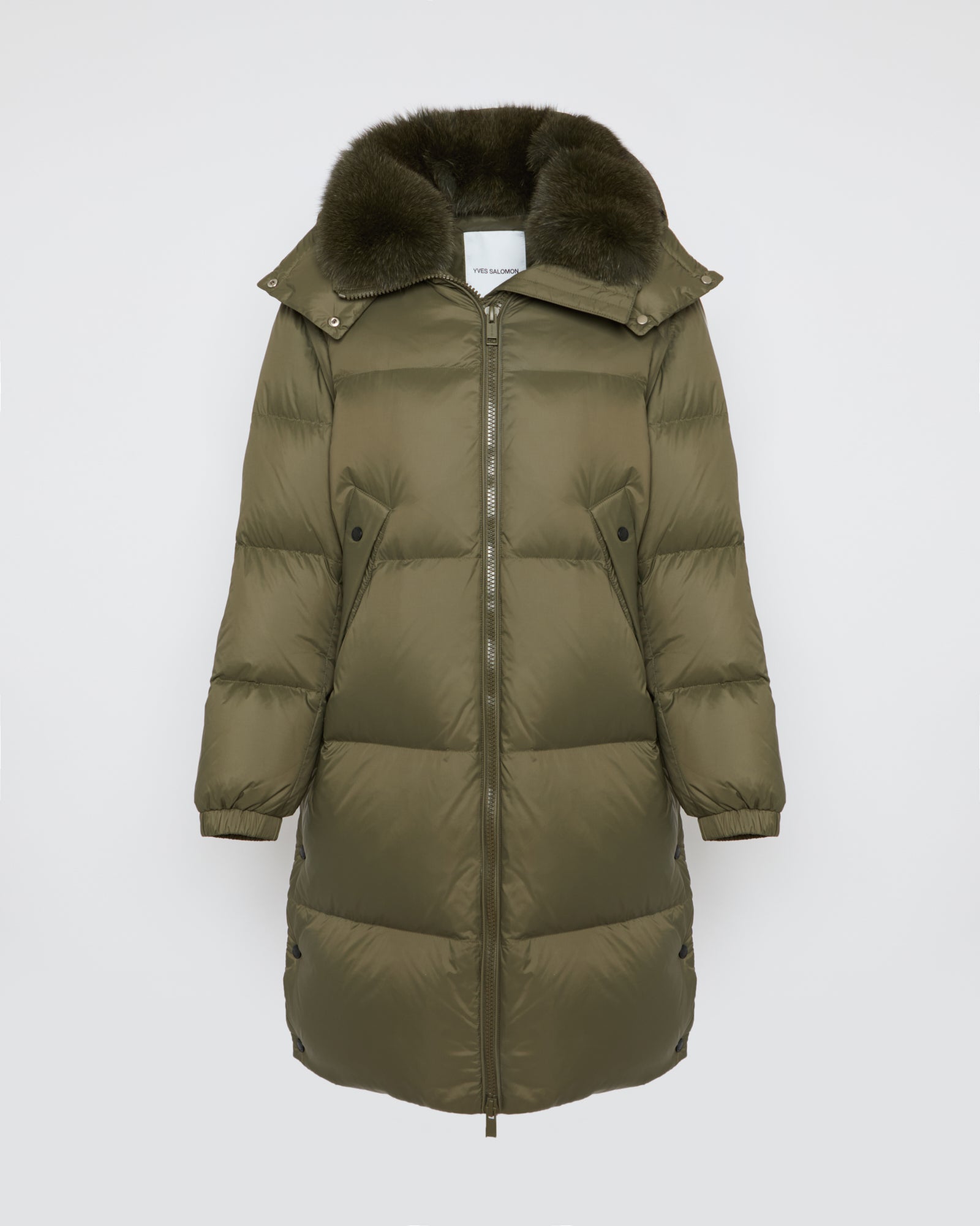 フォックスファーカラー付き 7/8 ダウンジャケット - カーキ - Yves