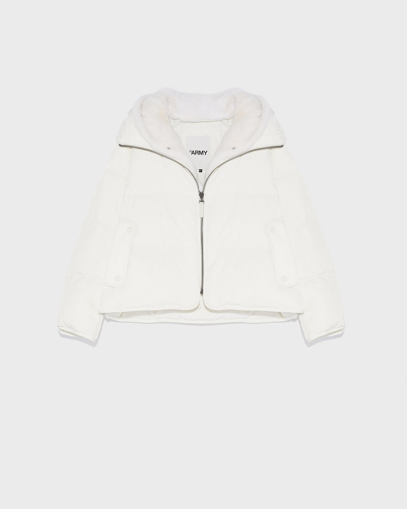 Doudoune "A" line en tissu technique et plastron à capuche en vison à poils longs