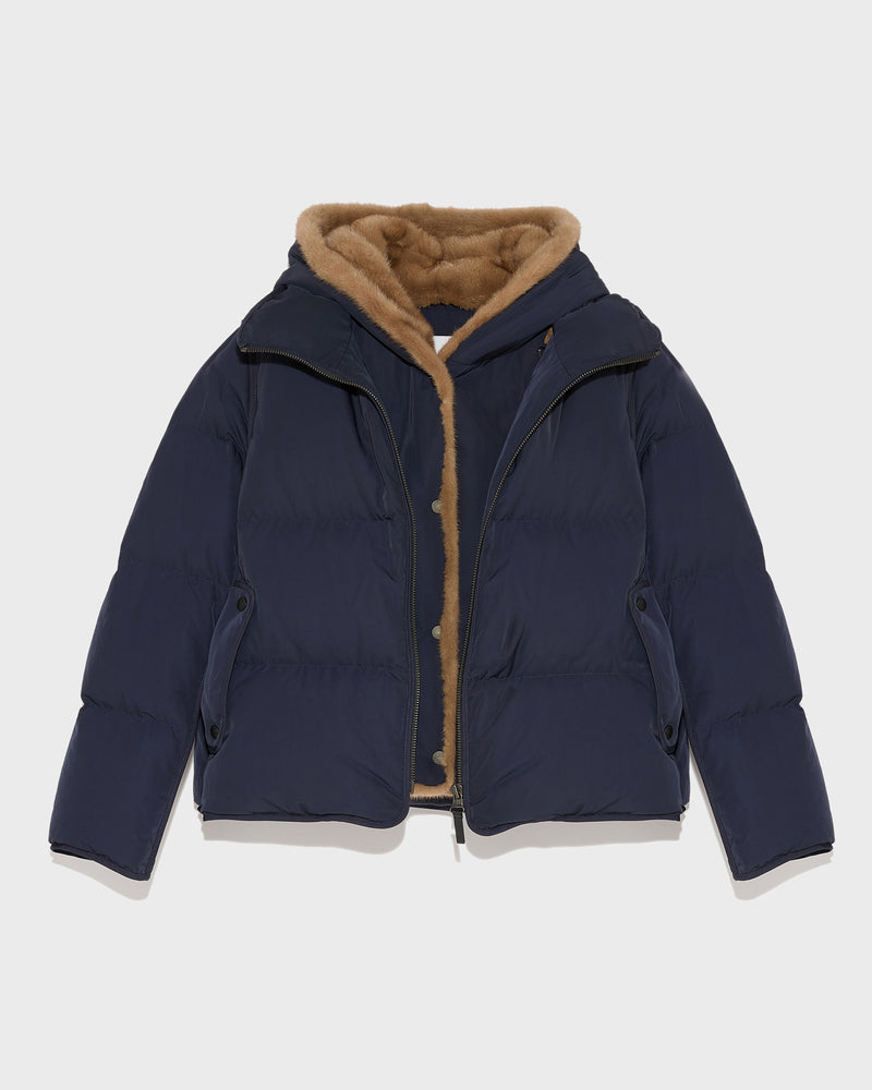 Doudoune A line en tissu technique et plastron a capuche en vison a poils longs