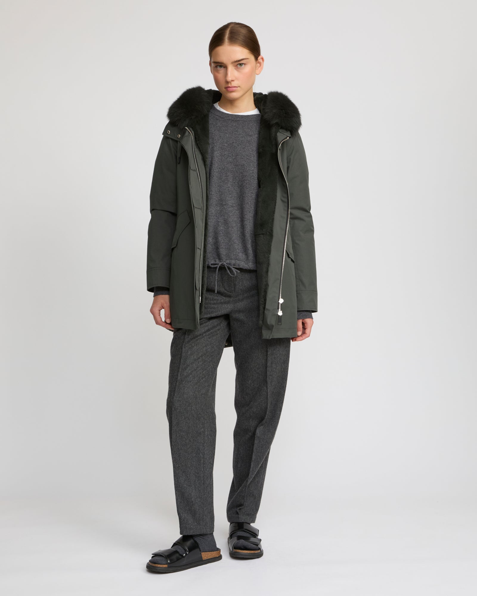 コットンブレンドのパーカ、フォックス＆ラビットファー