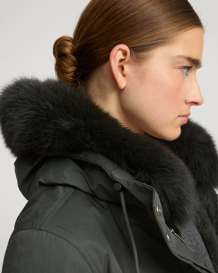 Short Iconic parka in waterproof cotton blend with fox and rabbit fur
