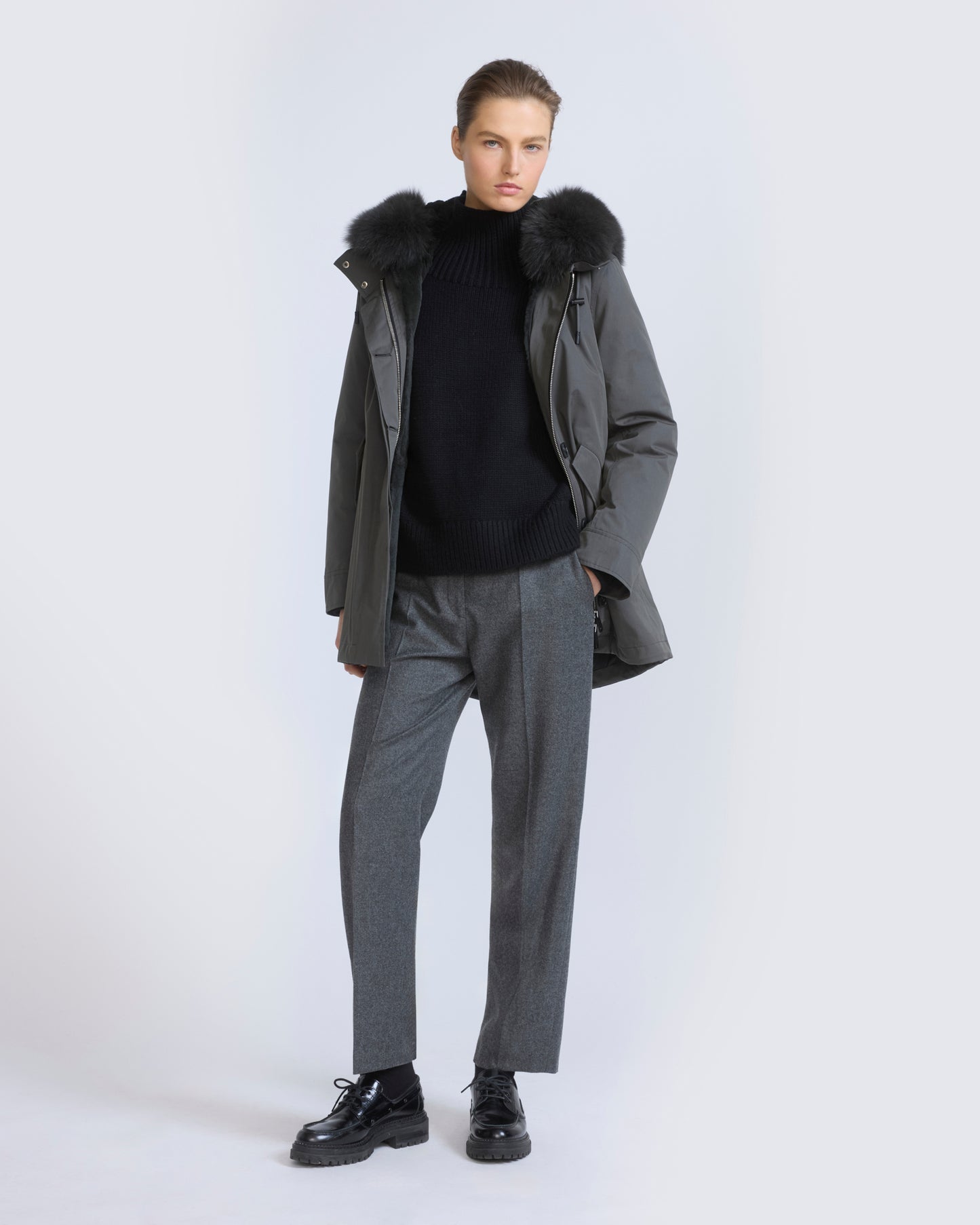 Short Iconic parka in waterproof cotton blend with fox and rabbit fur