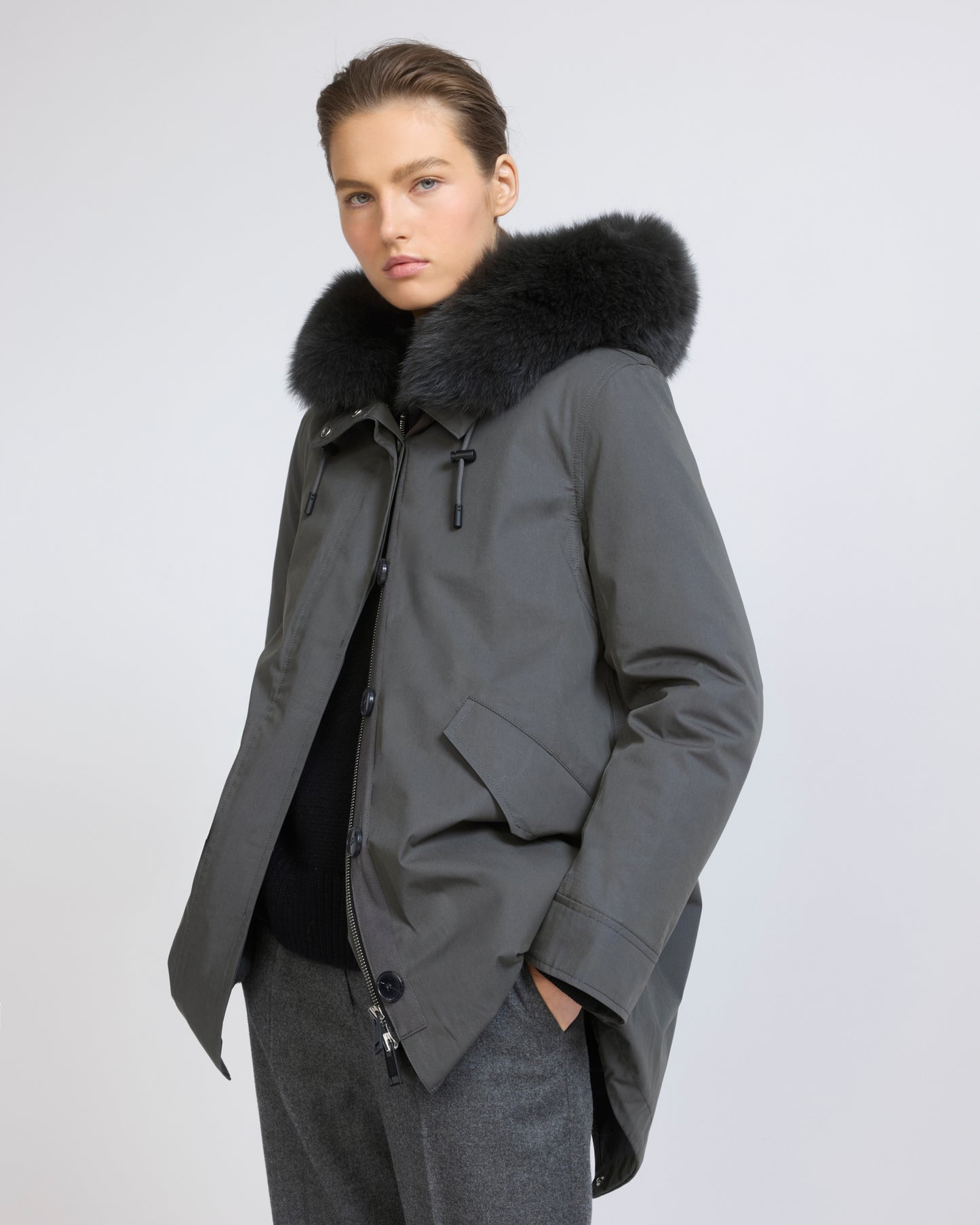 Short Iconic parka in waterproof cotton blend with fox and rabbit fur