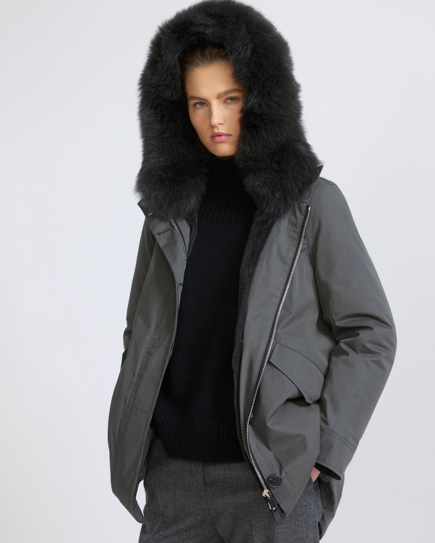 Short Iconic parka in waterproof cotton blend with fox and rabbit fur