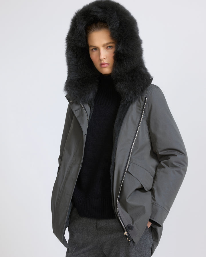 Parka Iconique courte en coton mélangé imperméable avec fourrure de renard et lapin