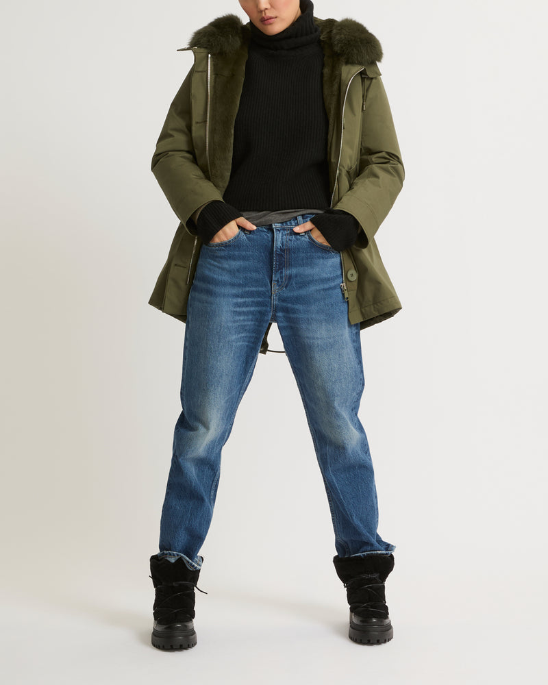 Parka courte en coton melange impermeable avec fourrure de renard et lapin