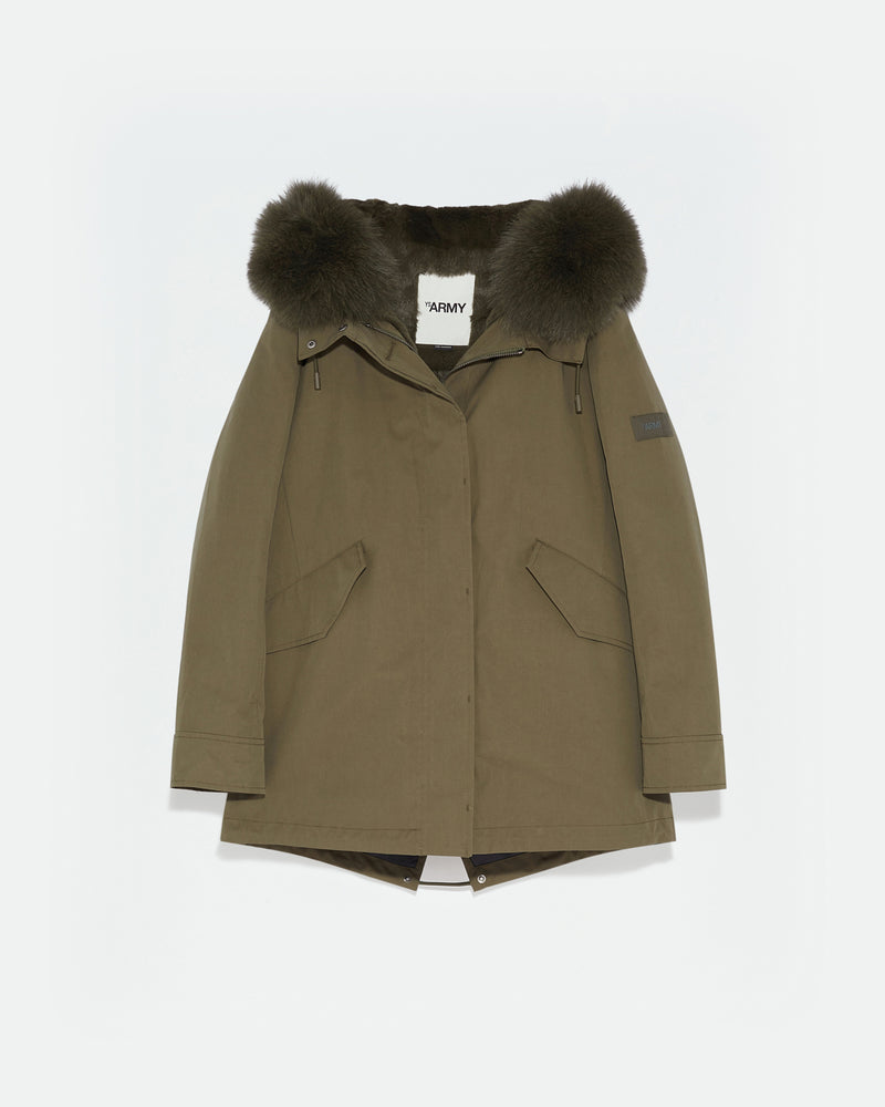 Short parka in waterproof cotton blend with fox and rabbit fur