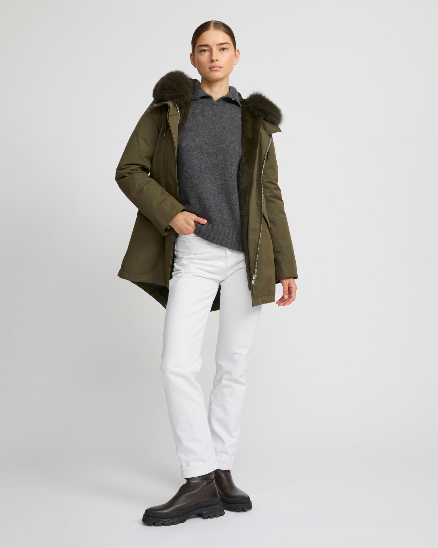 Parka Iconique courte en coton mélangé imperméable avec fourrure de renard et lapin