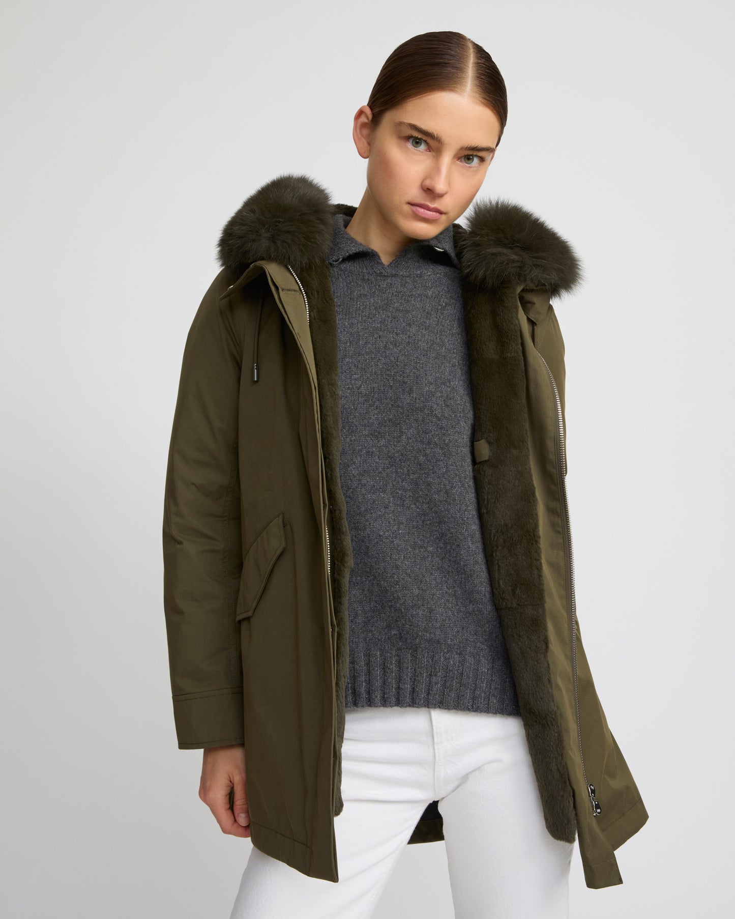 Parka Iconique courte en coton mélangé imperméable avec fourrure de renard et lapin