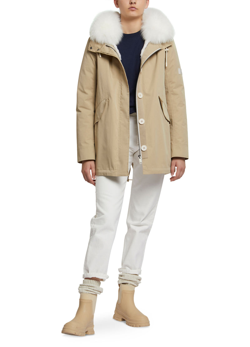Parka courte en coton mélangé waterproof avec fourrure de renard et lapin