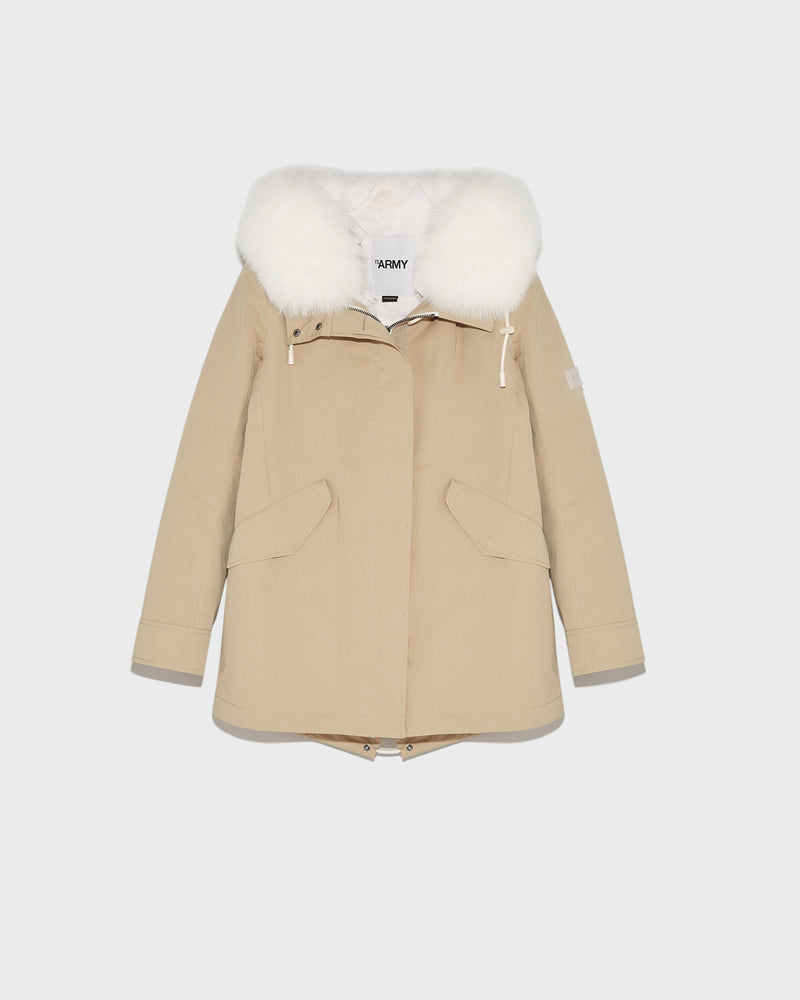 Short parka in waterproof cotton blend with fox and rabbit fur