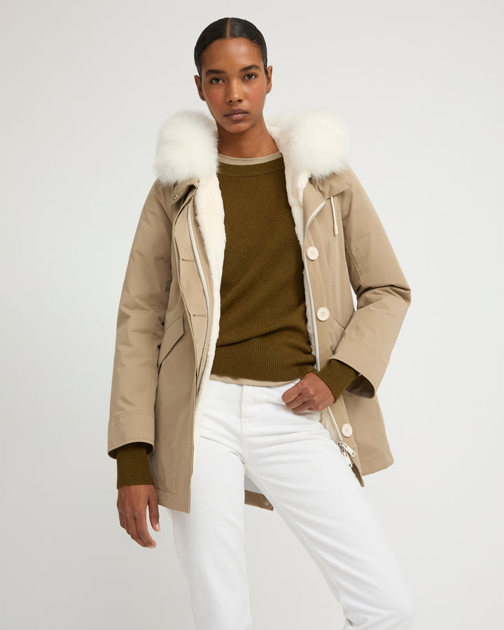 Short Iconic parka in waterproof cotton blend with fox and rabbit fur