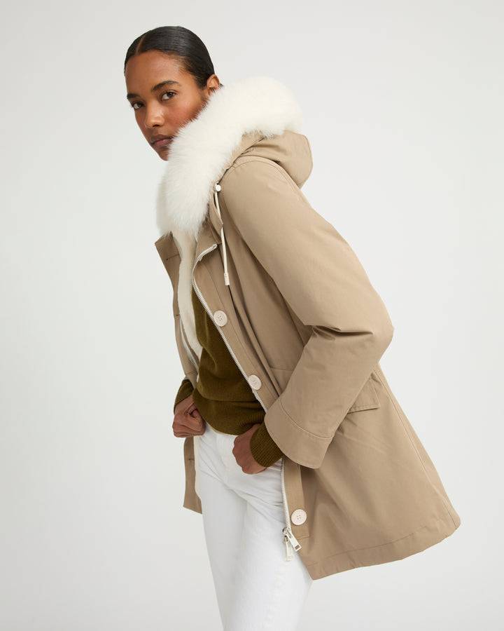 Short Iconic parka in waterproof cotton blend with fox and rabbit fur