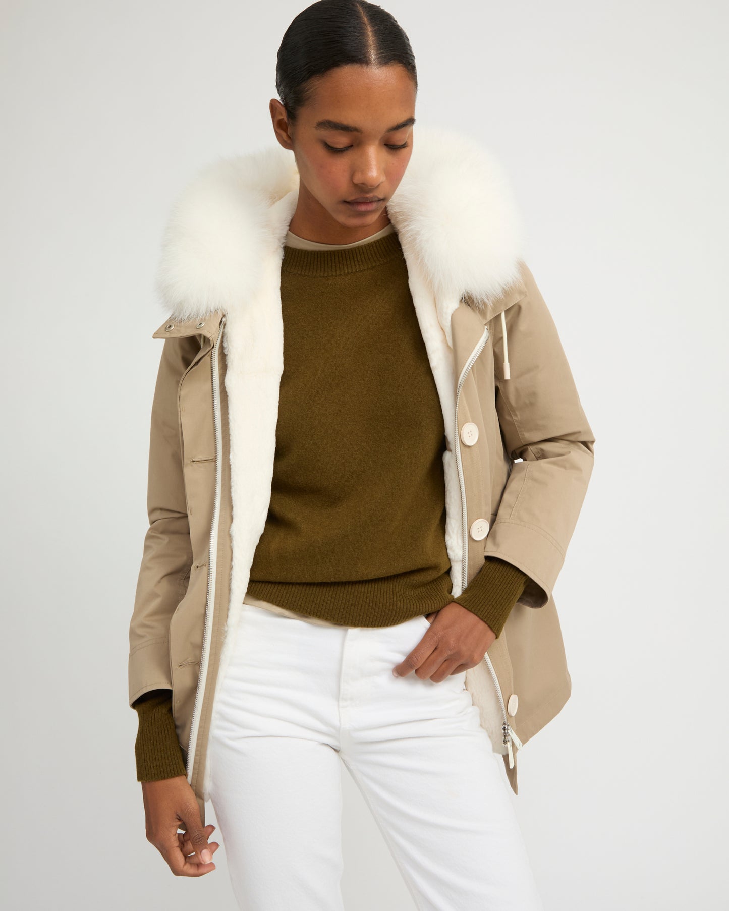 Parka Iconique courte en coton mélangé imperméable avec fourrure de renard et lapin