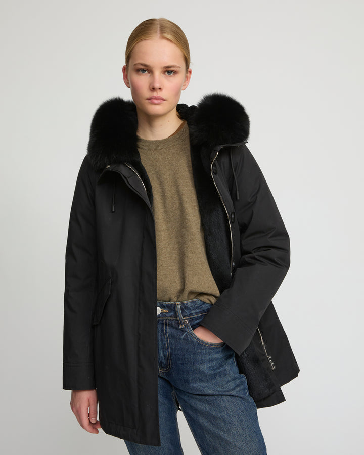 Short Iconic parka in waterproof cotton blend with fox and rabbit fur