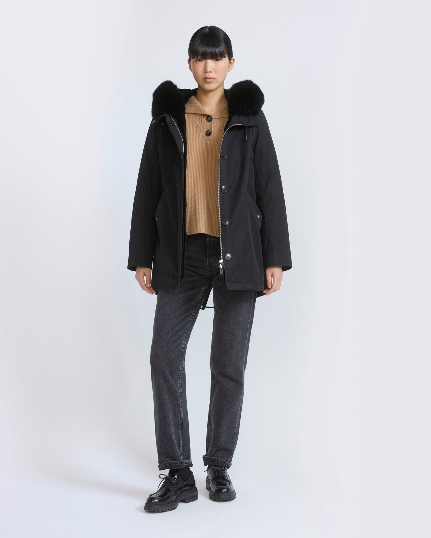 Short Iconic parka in waterproof cotton blend with fox and rabbit fur