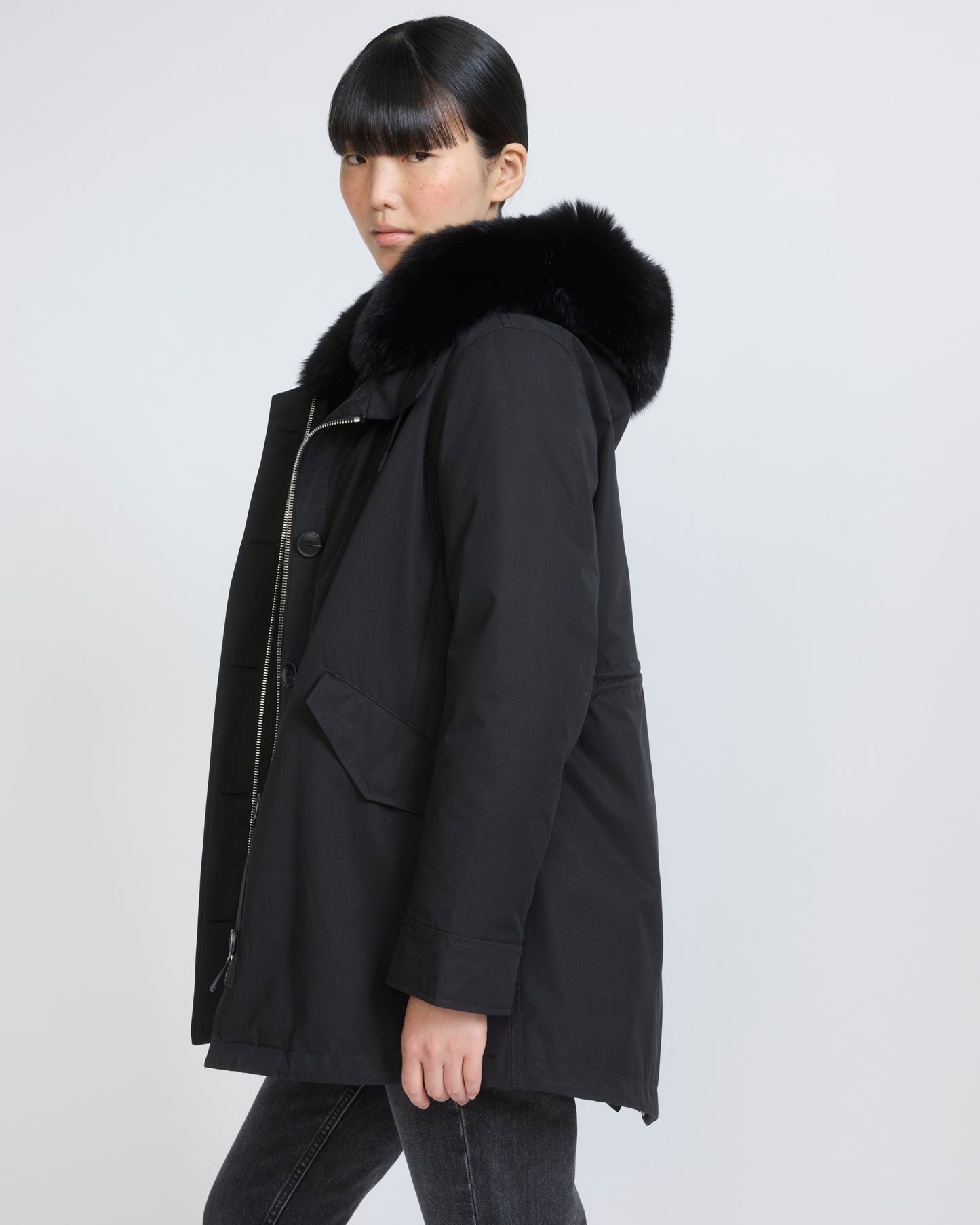 Short Iconic parka in waterproof cotton blend with fox and rabbit fur