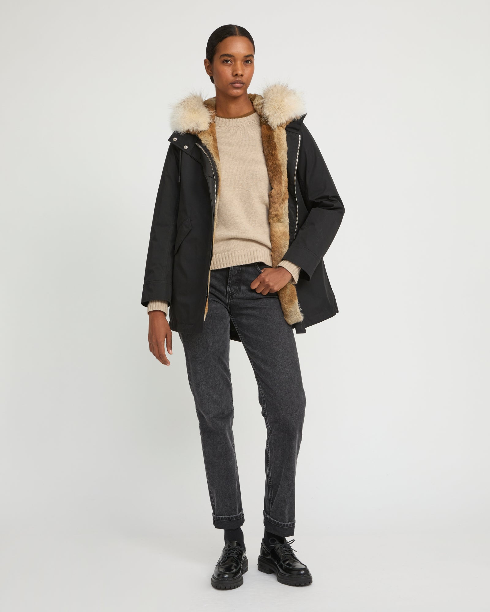 YVES SALOMON パープル　ファーショートコート ファー付きレディースパーカー - yves salomon