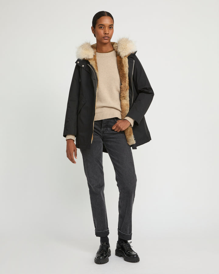 Short parka in technical fabric, rabbit and coyote fur