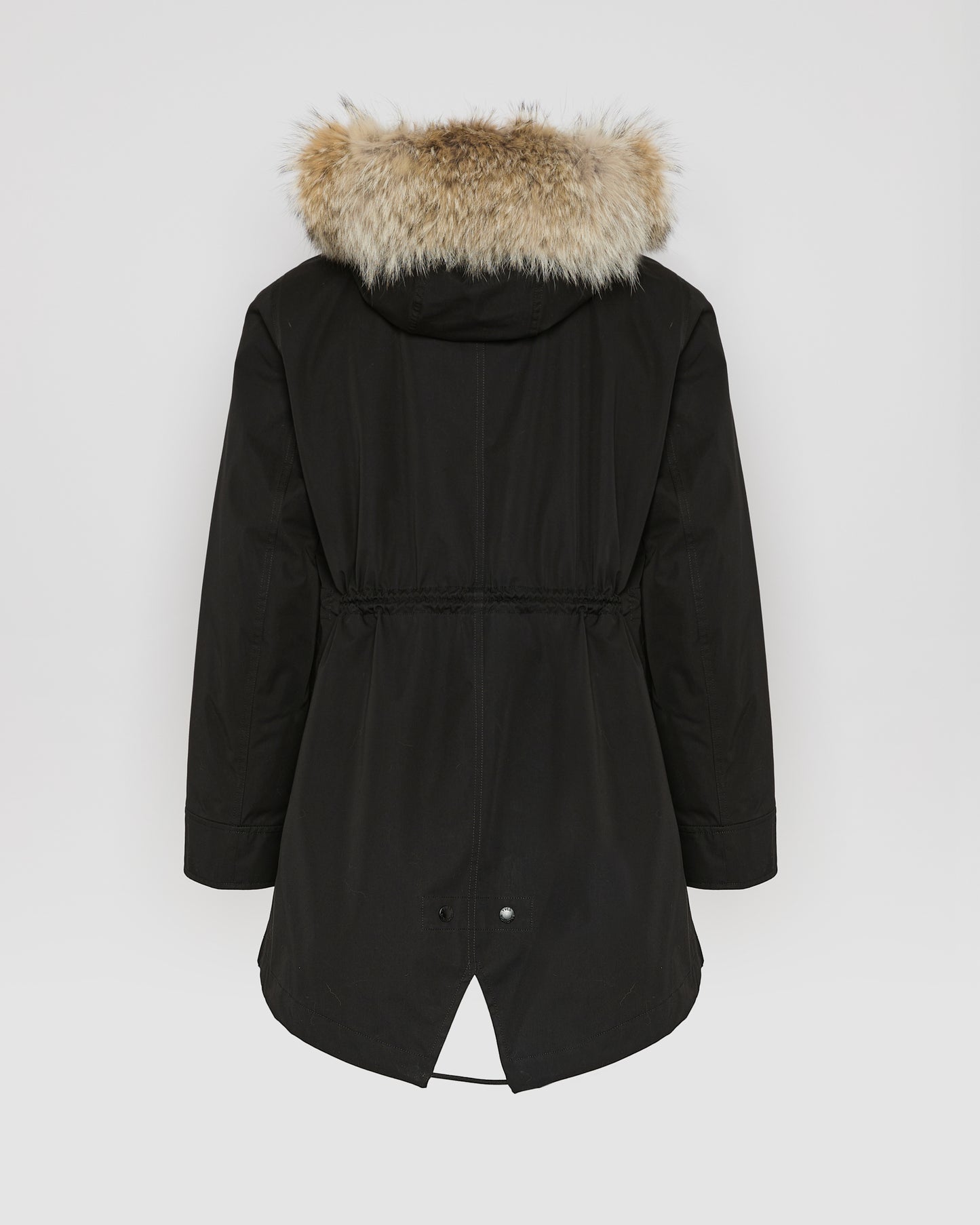 Short parka in technical fabric, rabbit and coyote fur