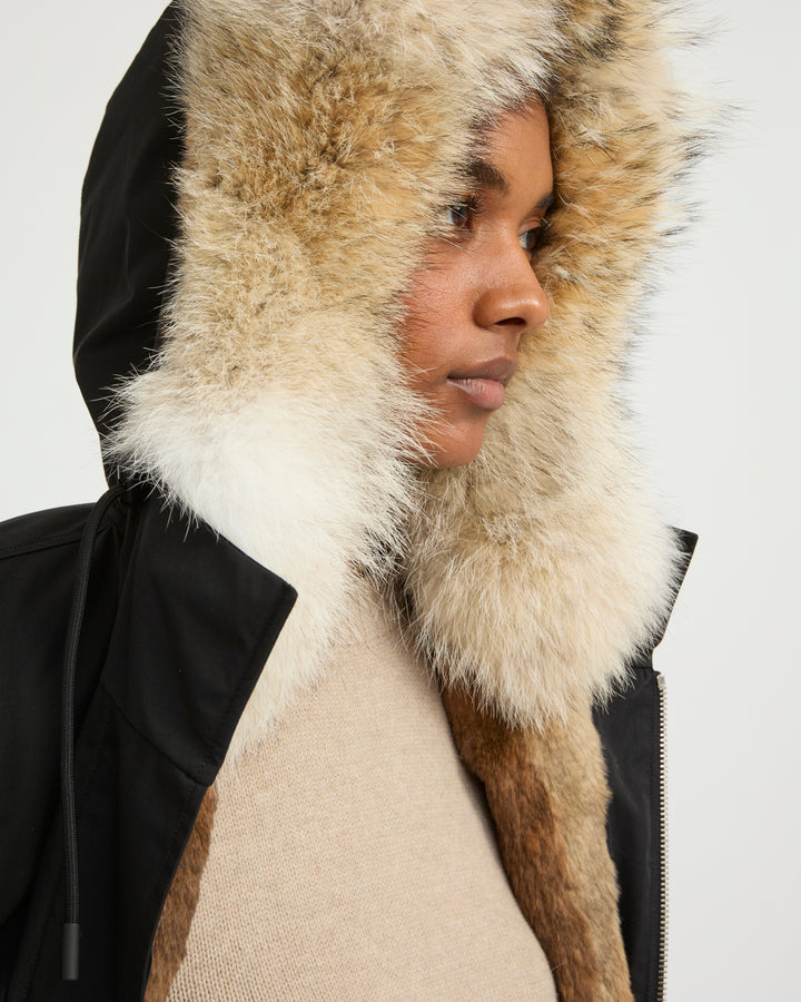Short parka in technical fabric, rabbit and coyote fur