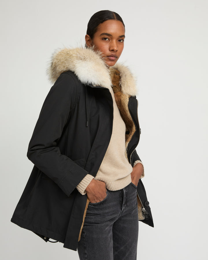 Short parka in technical fabric, rabbit and coyote fur