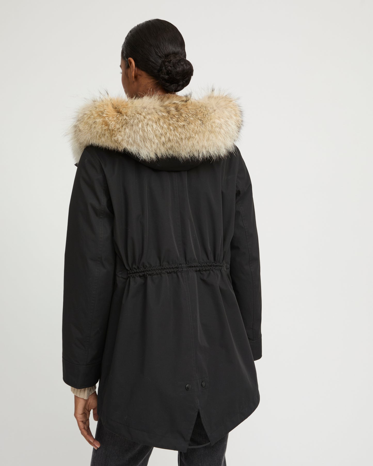 Short parka in technical fabric, rabbit and coyote fur