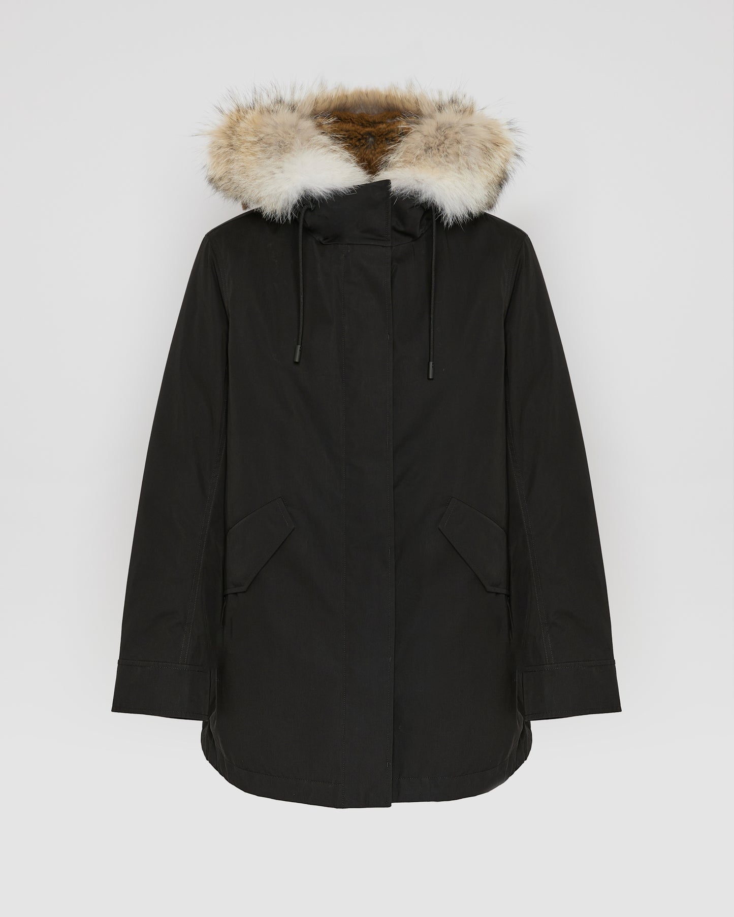 Short parka in technical fabric, rabbit and coyote fur