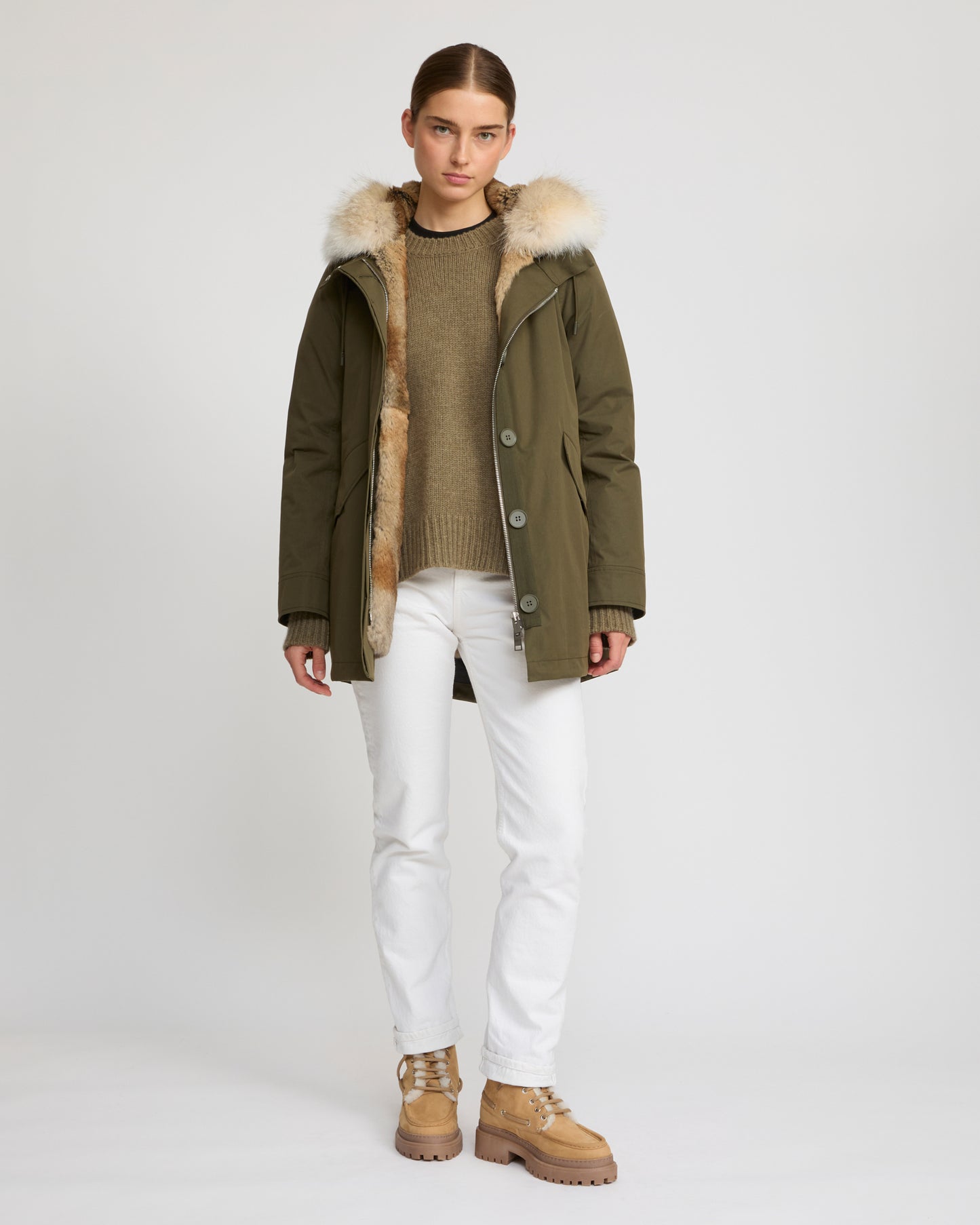 Short parka in technical fabric, rabbit and coyote fur