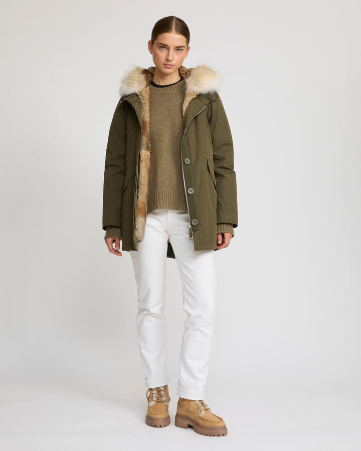 Short parka in technical fabric, rabbit and coyote fur