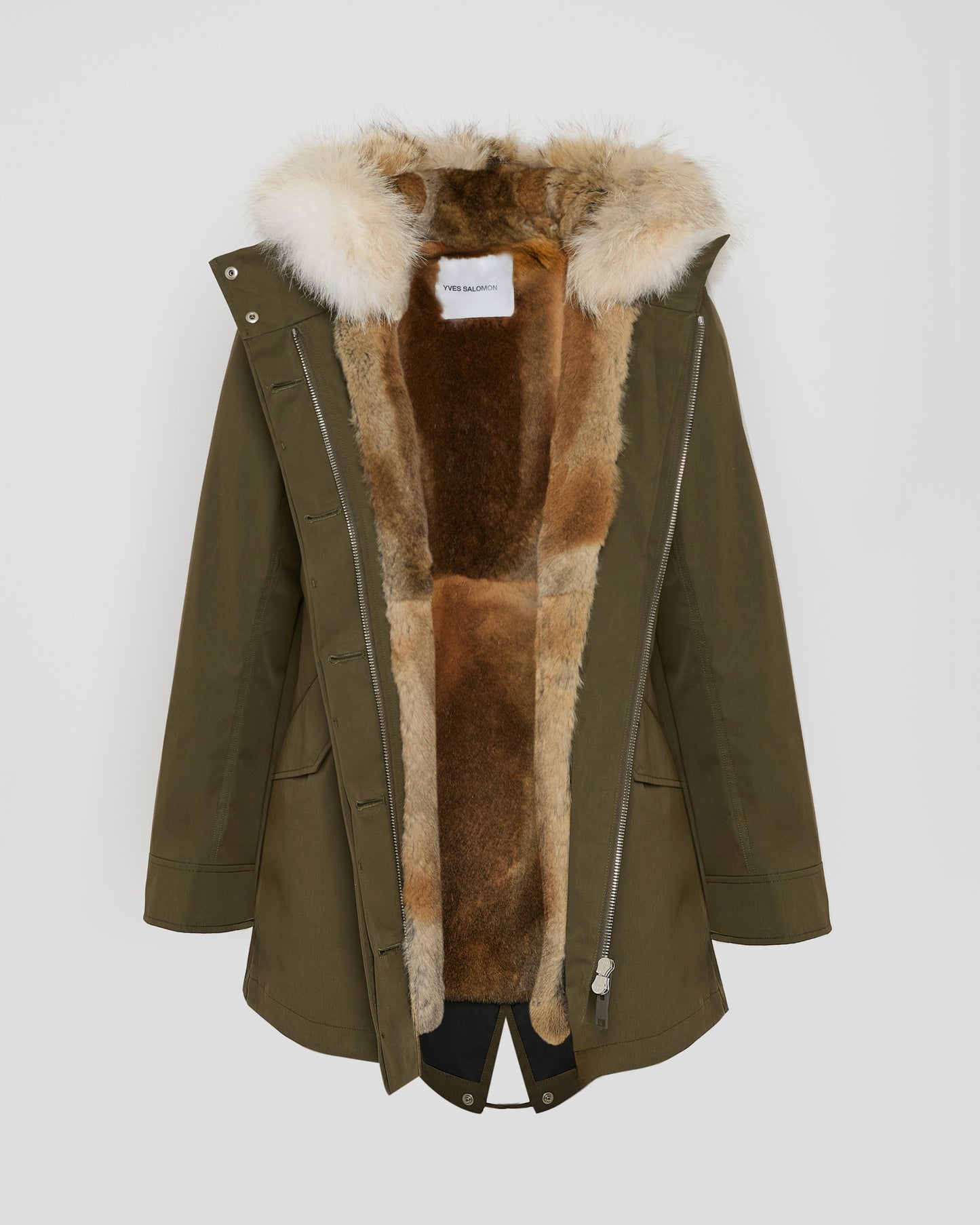 Short parka in technical fabric, rabbit and coyote fur