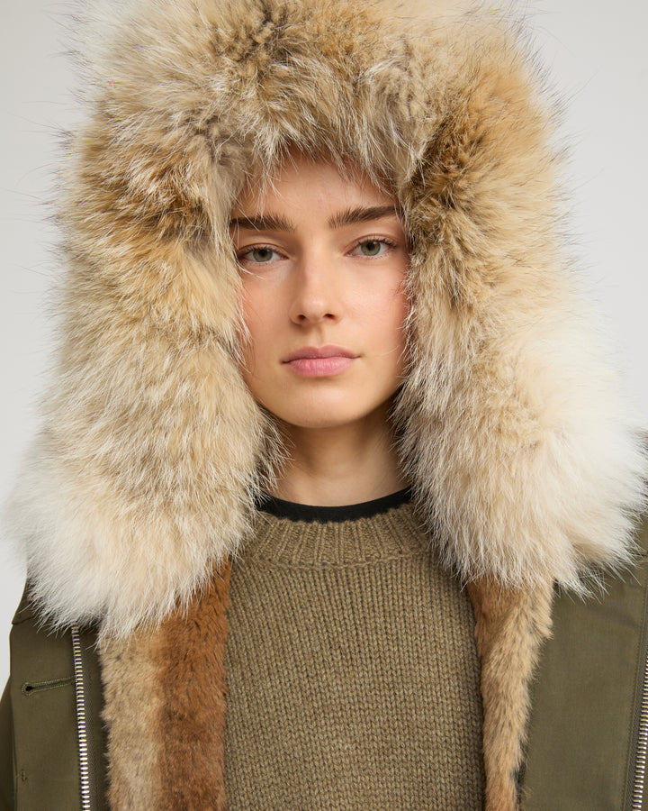Short parka in technical fabric, rabbit and coyote fur
