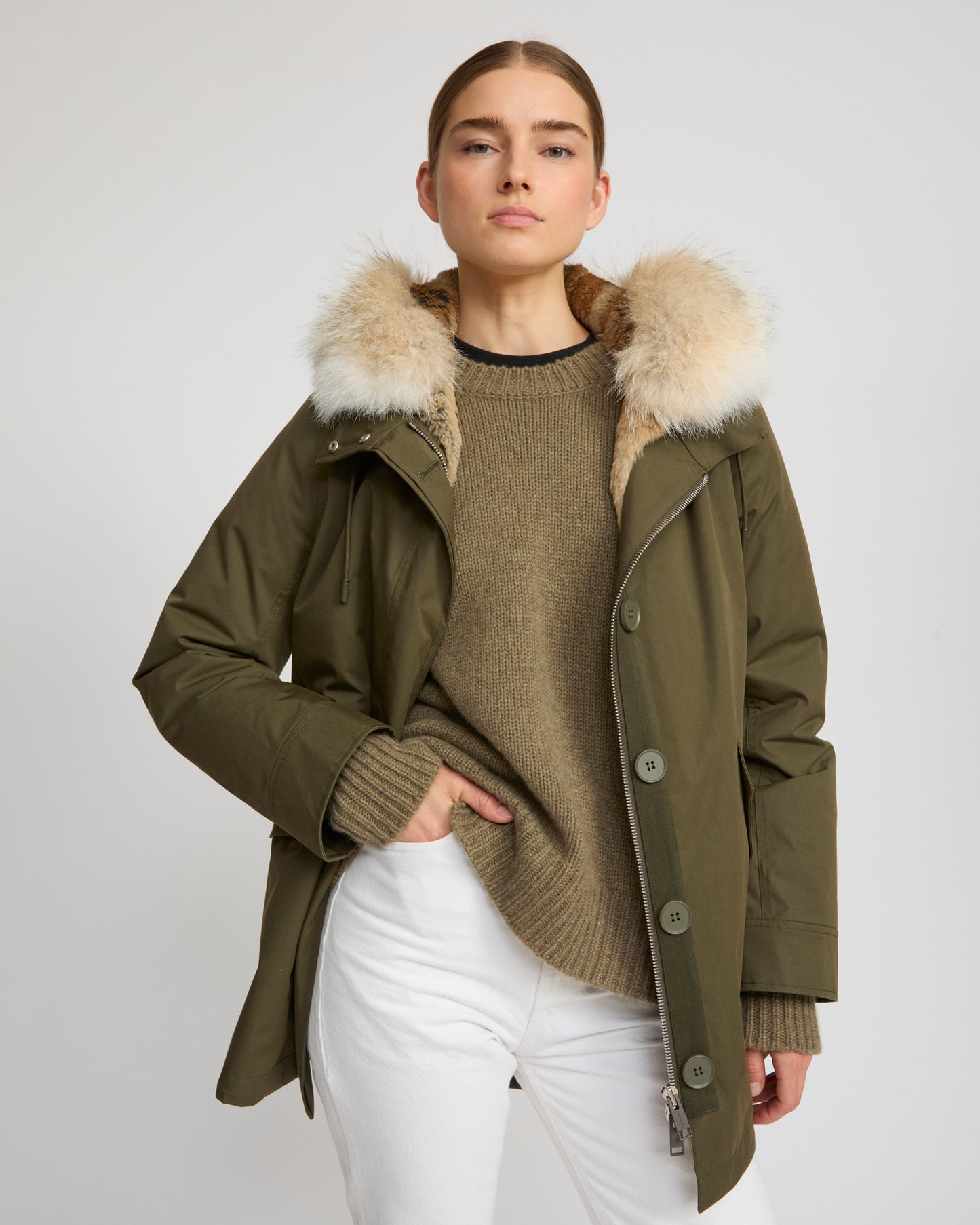 Short parka in technical fabric, rabbit and coyote fur