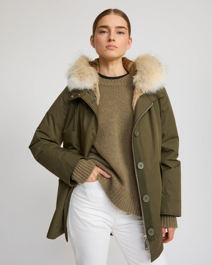 Short parka in technical fabric, rabbit and coyote fur