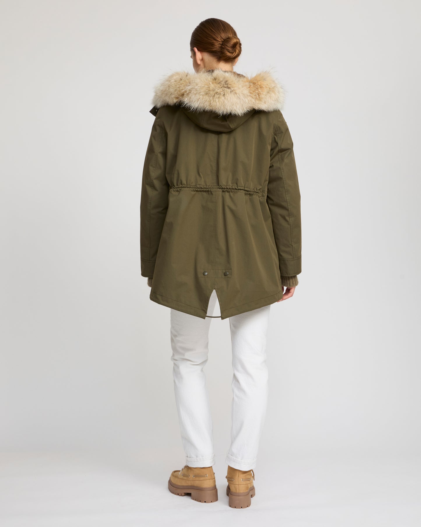 Short parka in technical fabric, rabbit and coyote fur