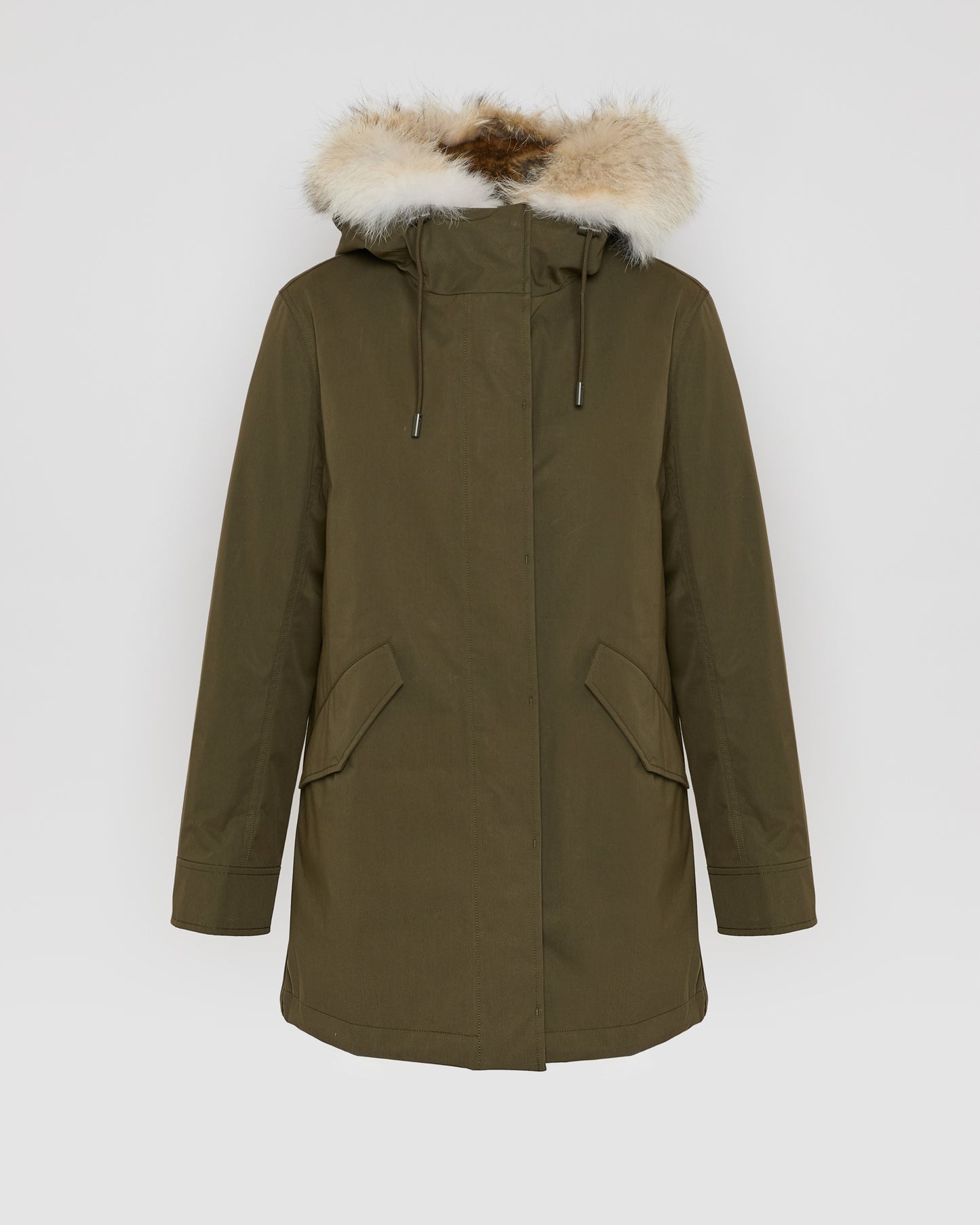 Short parka in technical fabric, rabbit and coyote fur