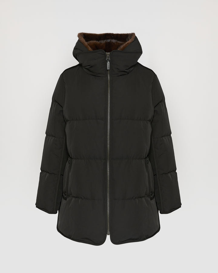 "A" Line puffer jacket in technical fabric and mink fur 