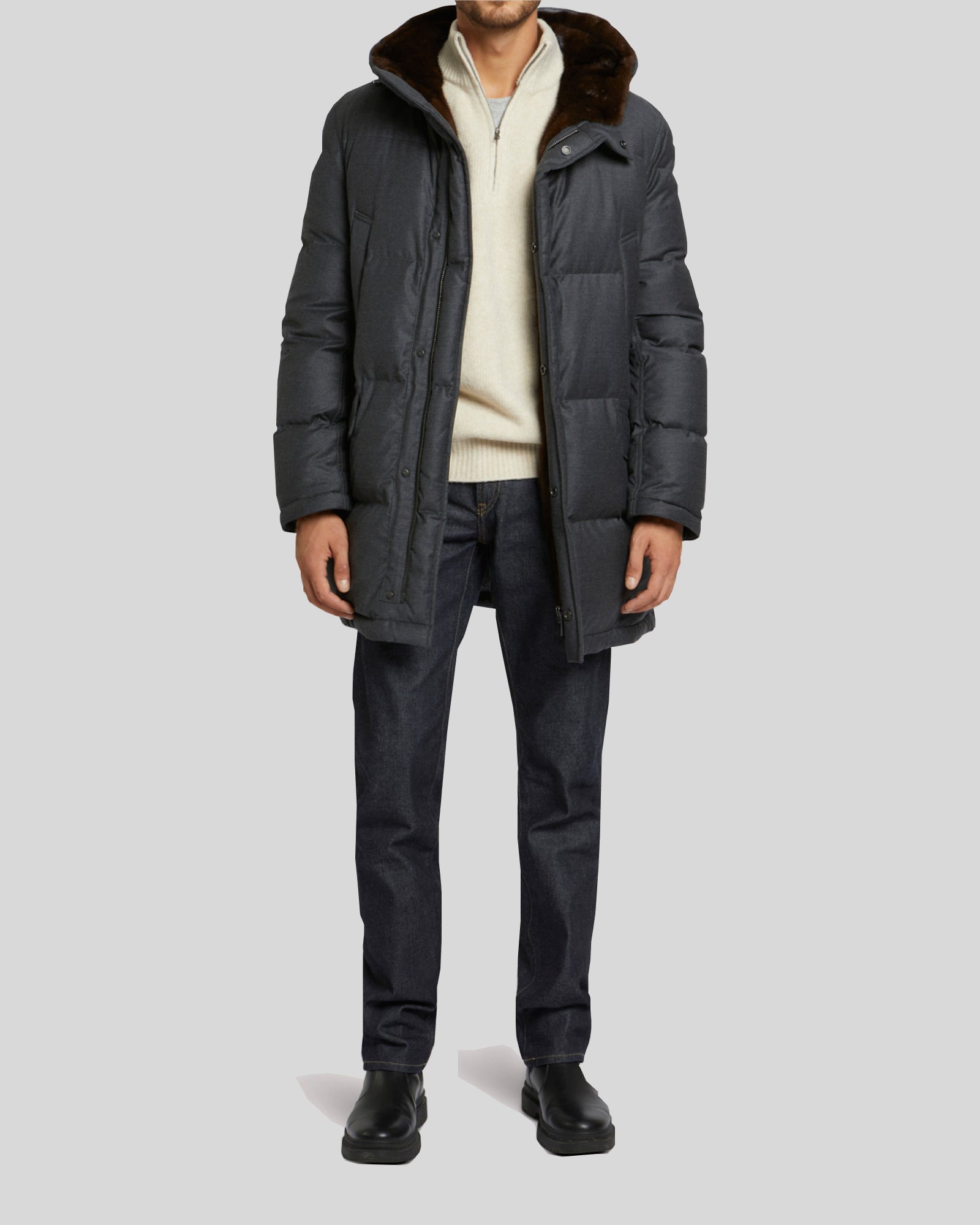 新品　MENS STRECH BACK FLEECE PARKA XL Fleece parka with Loro Piana fabric & mink - Grey - Yves Salomon