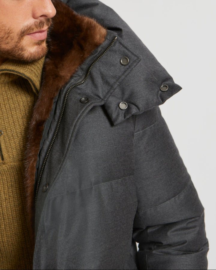 Hooded Short Down Jacket in waterproof Loro Piana Fabric with mink fur collar