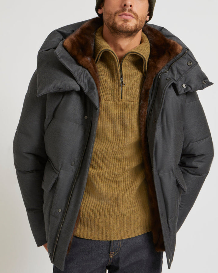 Hooded Short Down Jacket in waterproof Loro Piana Fabric with mink fur collar