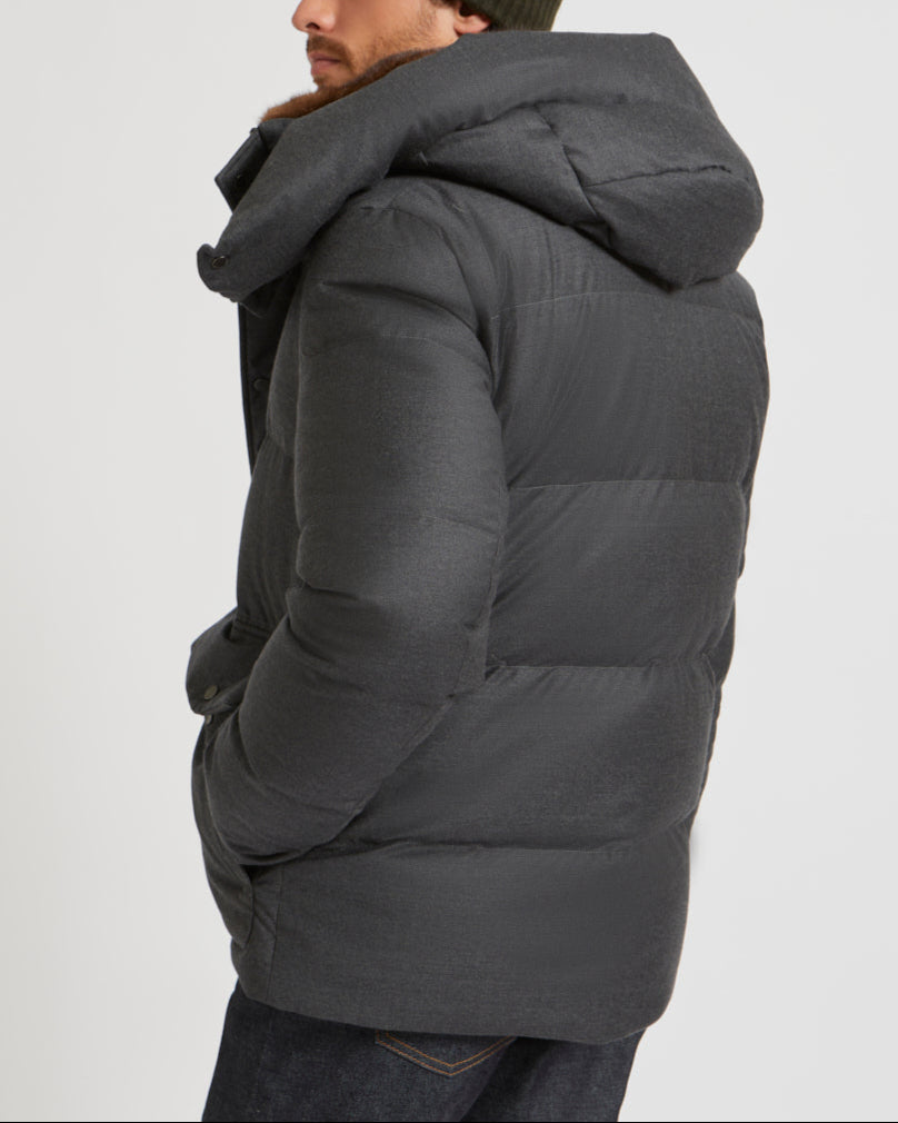 Hooded Short Down Jacket in waterproof Loro Piana Fabric with mink fur collar